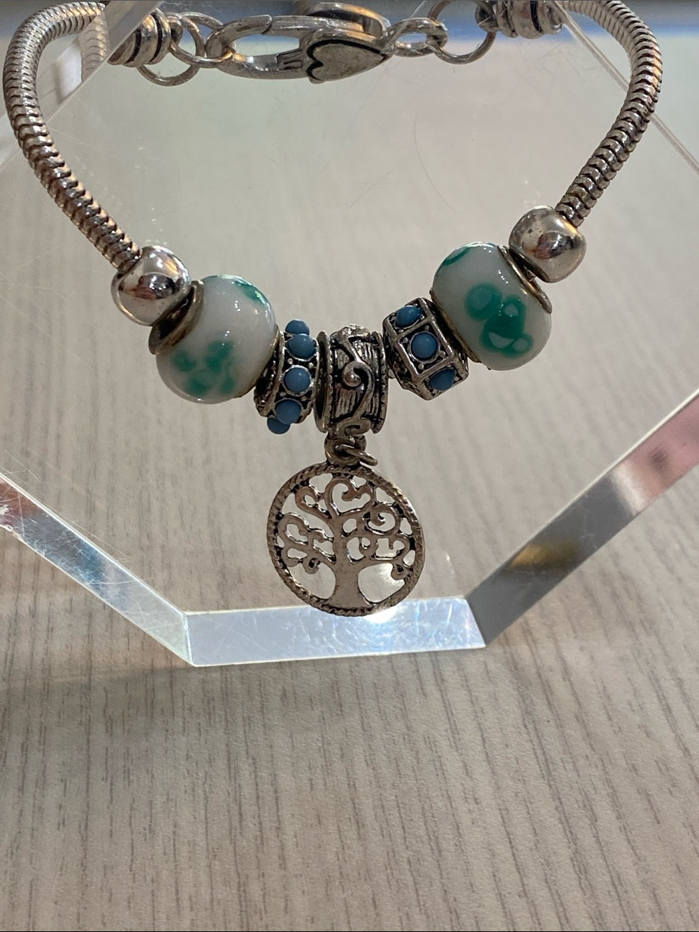 Silver Tone Tree of Life Charm Bracelet with Aqua Glass Beads